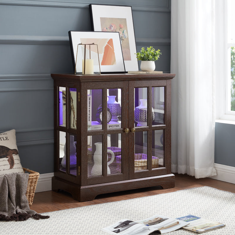 LED Curio Display Cabinet,Antique Display Cabinet With Adjustable Shelves,Retro Design Quality Showcase With Lattice Doors Elegant Bookcase And Storage Cabinet For Home Decor And Organization CHE