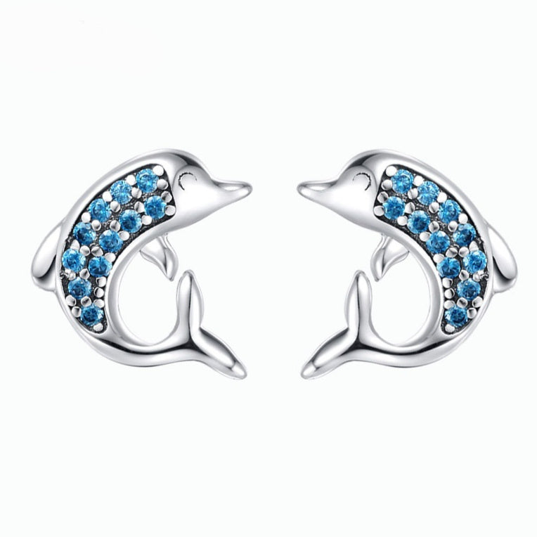 Womens S925 Sterling Silver Cute Dolphin Earrings
