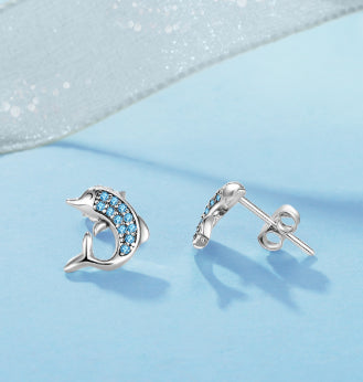 Womens S925 Sterling Silver Cute Dolphin Earrings