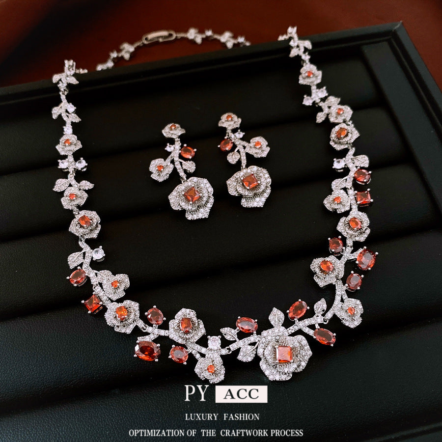 Retro-style Zircon Rose Flower Earrings And Necklace