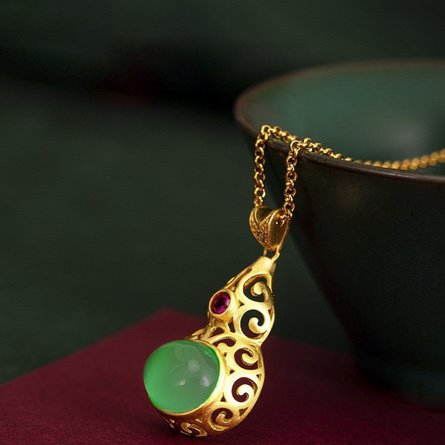 Original Chinese-style Jadeite And Sterling Silver Gourd Pendant With Traditional Gold Plating