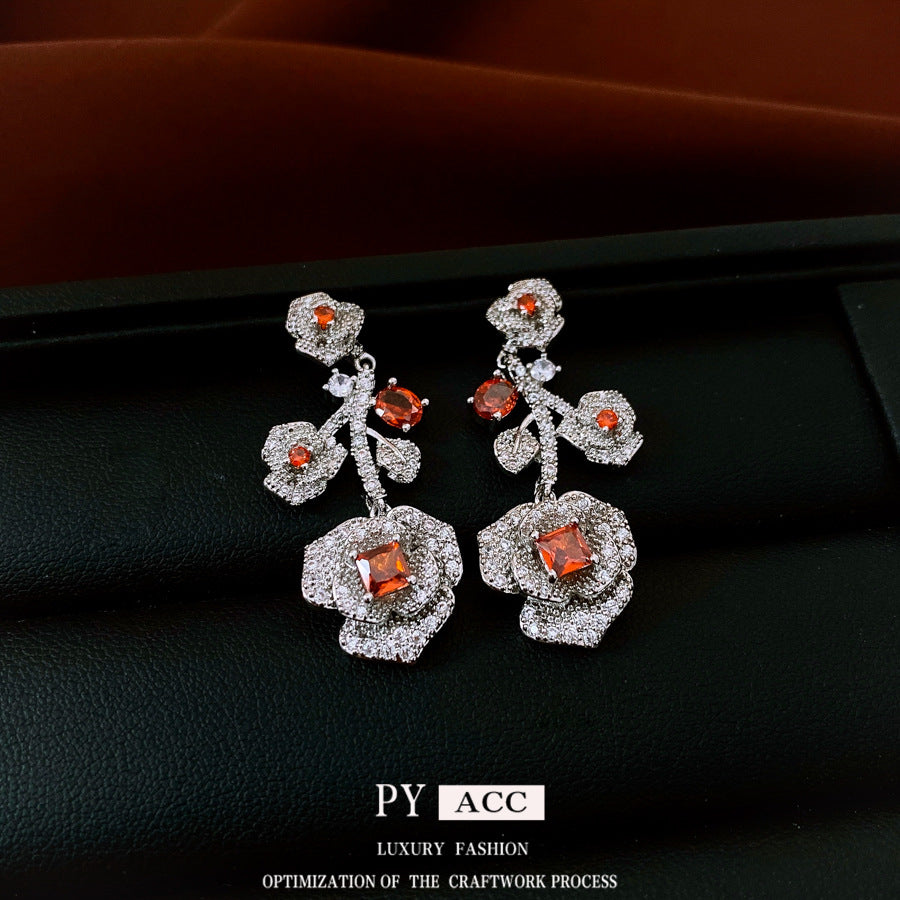 Retro-style Zircon Rose Flower Earrings And Necklace