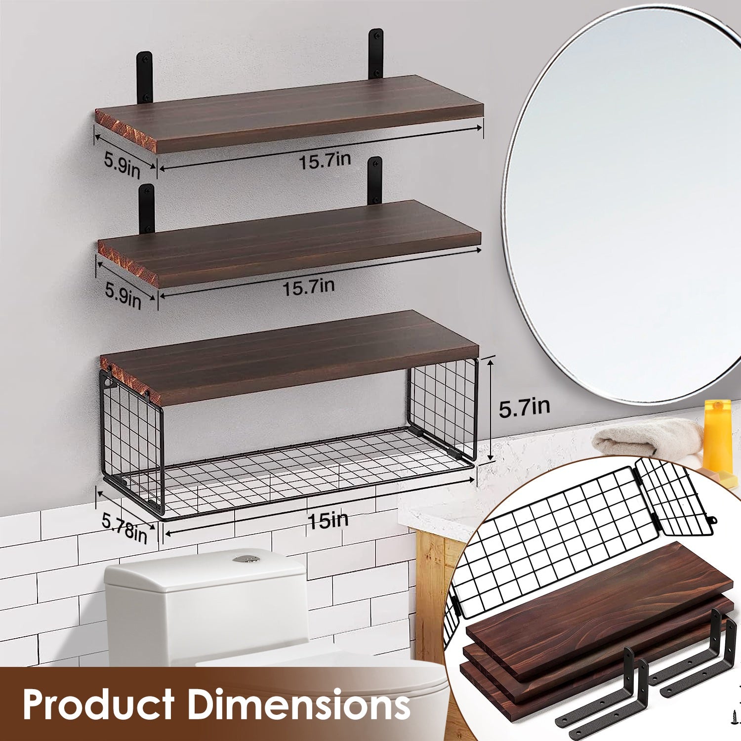 2 In 1 Floating Shelves Wall Mounted With Storage Basket Bathroom Shelves Over Toilet Wooden Shelves For Bedroom Living Room Kitchen Office Wall Decor Plants