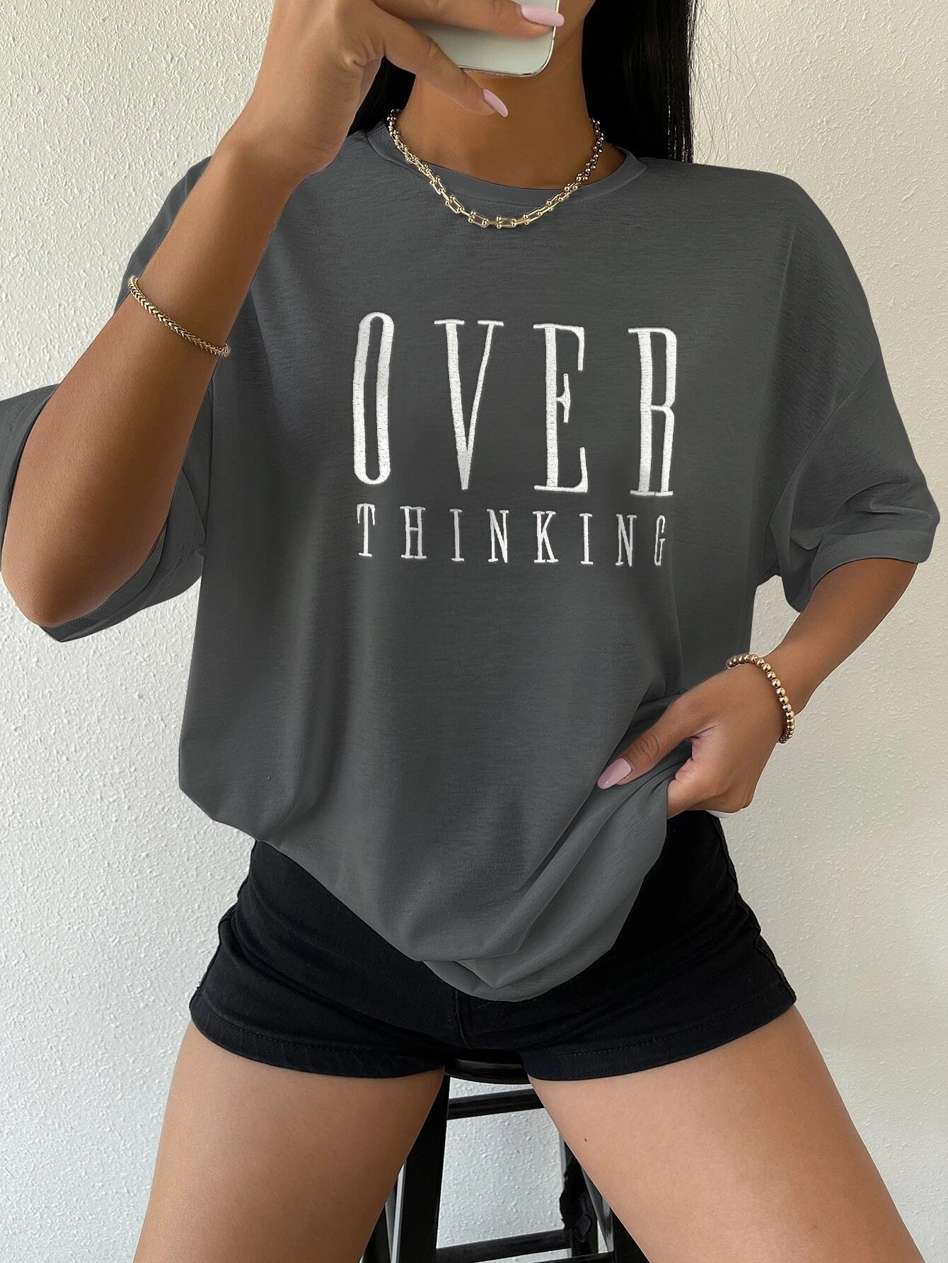 Over Thinking Letter Print Women Cotton Short Sleeve Breatha