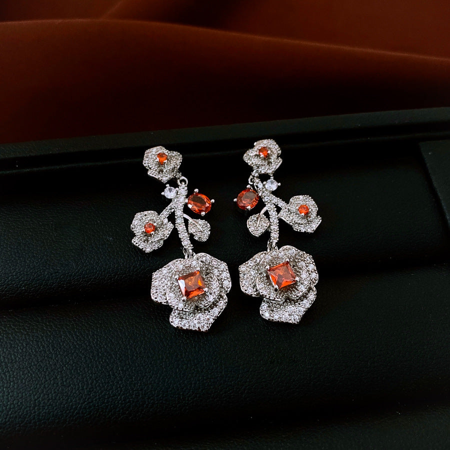 Retro-style Zircon Rose Flower Earrings And Necklace