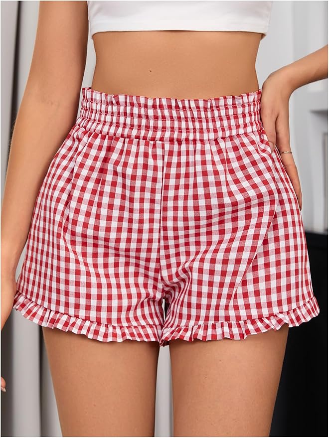 Women's Plaid Print Patched Decor Button Front Elastic Waist Shorts, Casual Comfy Straight Leg Shorts For Summer, Ladies Bottoms For Daily Wear, Women Workout Clothes Womenswear Beach Cottage Shorts