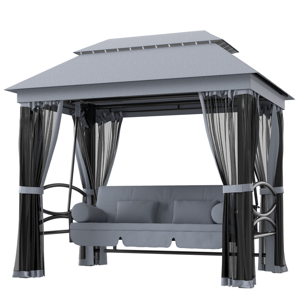 3-Seat Patio Swing Chair, Outdoor Gazebo Swing With Double Tier Canopy, Mesh Sidewalls, Cushioned Seat And Pillows, Gray