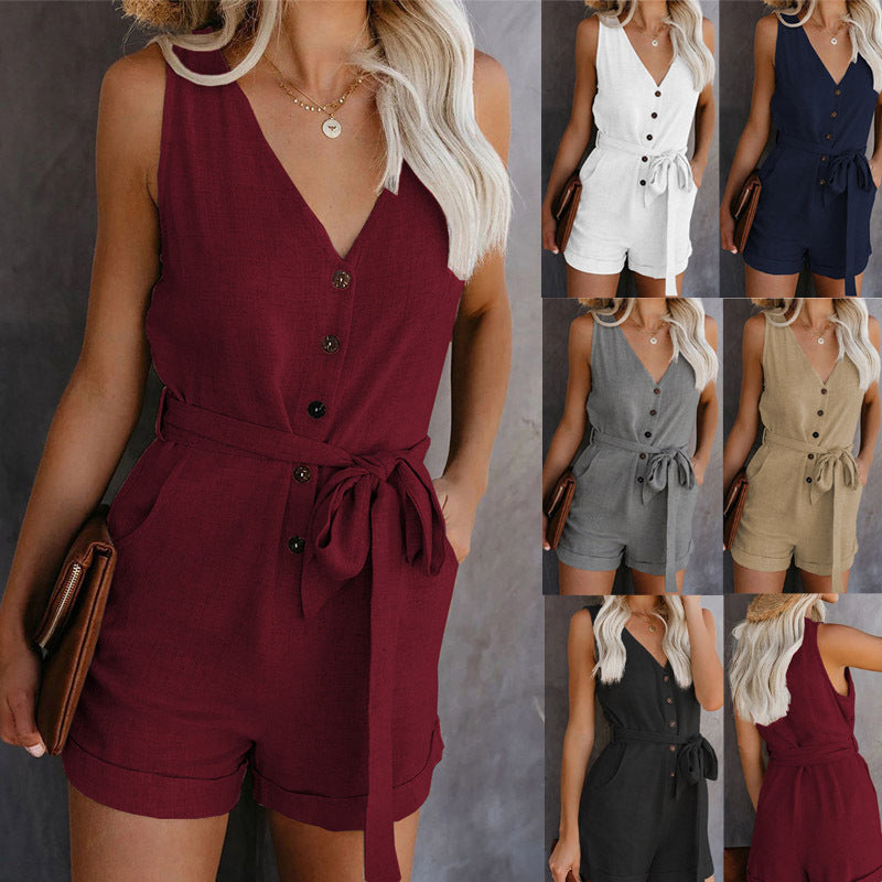 Women Playsuit Summer V Neck Sleeveless Button Belt Bow Casual Jumpsuit Solid Romper Elegant Tunic Short Overalls