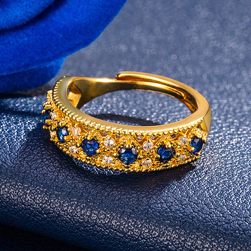 Womens Vintage Hollowed-Out Color-Diamond Open Ring