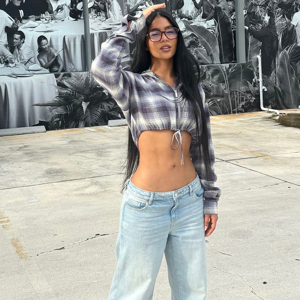 Women's Plaid Long Sleeve Hooded Short Jacket Women