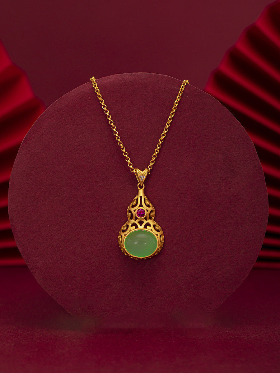 Original Chinese-style Jadeite And Sterling Silver Gourd Pendant With Traditional Gold Plating