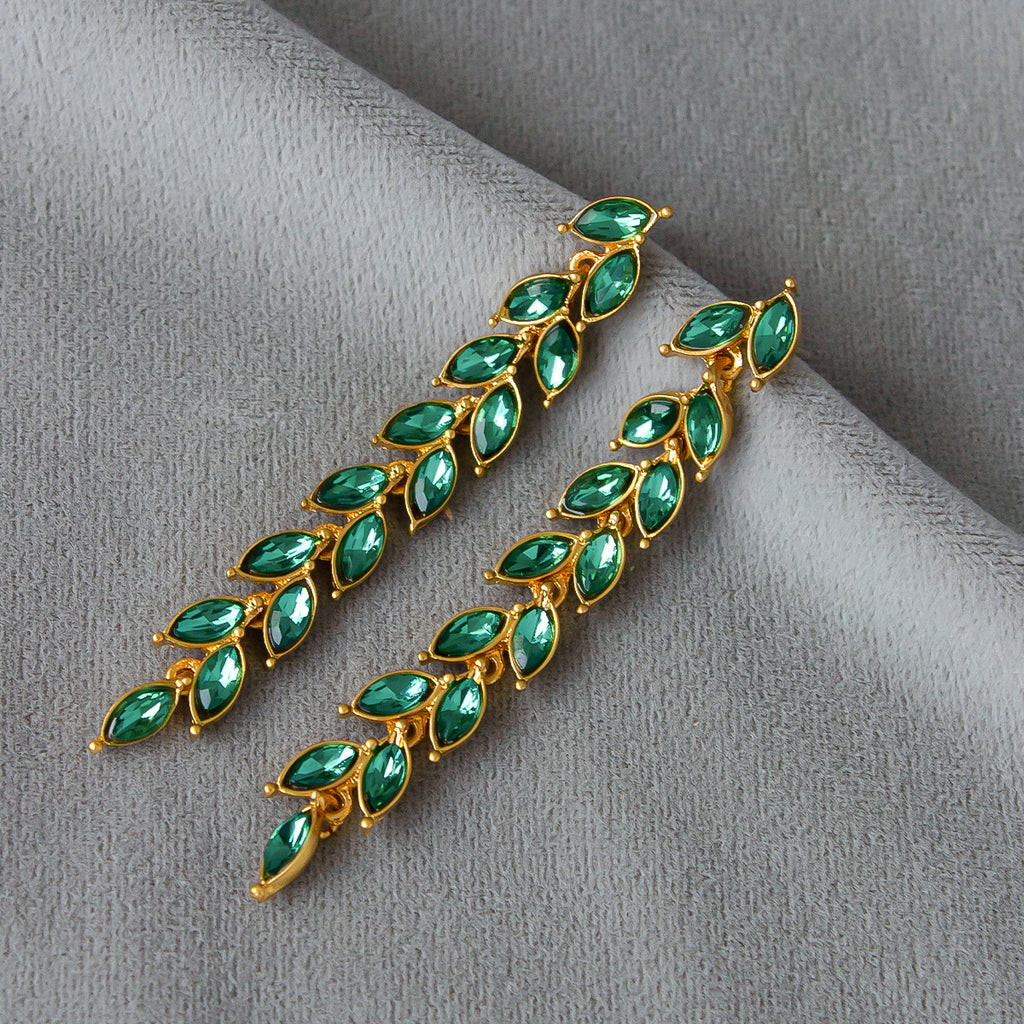 Micro-inlaid Green Zircon Wheat Earrings With A Personalized Long Tassel Design