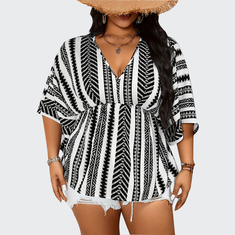 Deep V-neck Short Sleeve Pullover Women