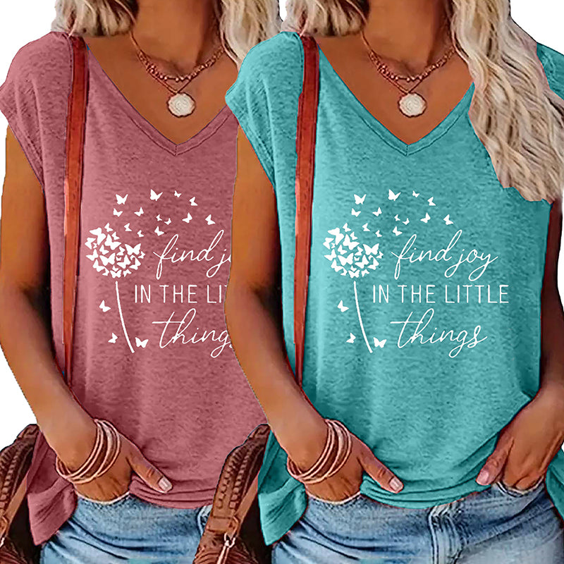 Women's 2-Piece Set V-Neck Short Sleeve T-Shirt With Sunflower & Letter Print, Casual Summer Tee