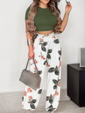2 Pieces Of Women's Casual Sportswear, Striped Short Sleeved Jacket And High Waisted Wide Leg Pants Set, Brown, White And Black, Washable, Randomly Printed, Round Neck