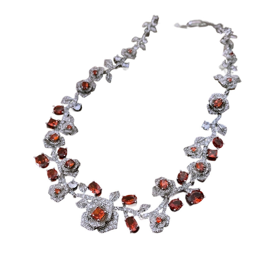 Retro-style Zircon Rose Flower Earrings And Necklace