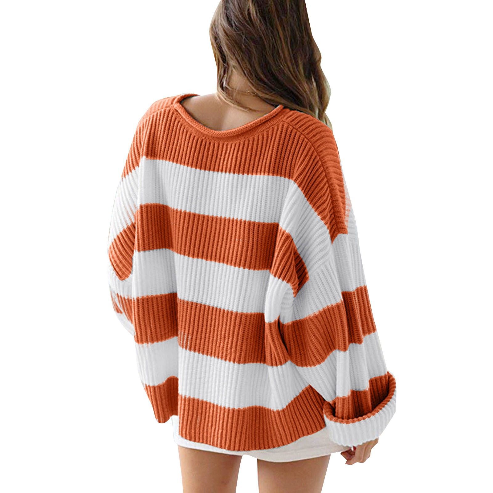 Loose Striped Sweater Fashion Casual Long Batwing Sleeve Round Neck Pullover Knit Tops Women Clothing