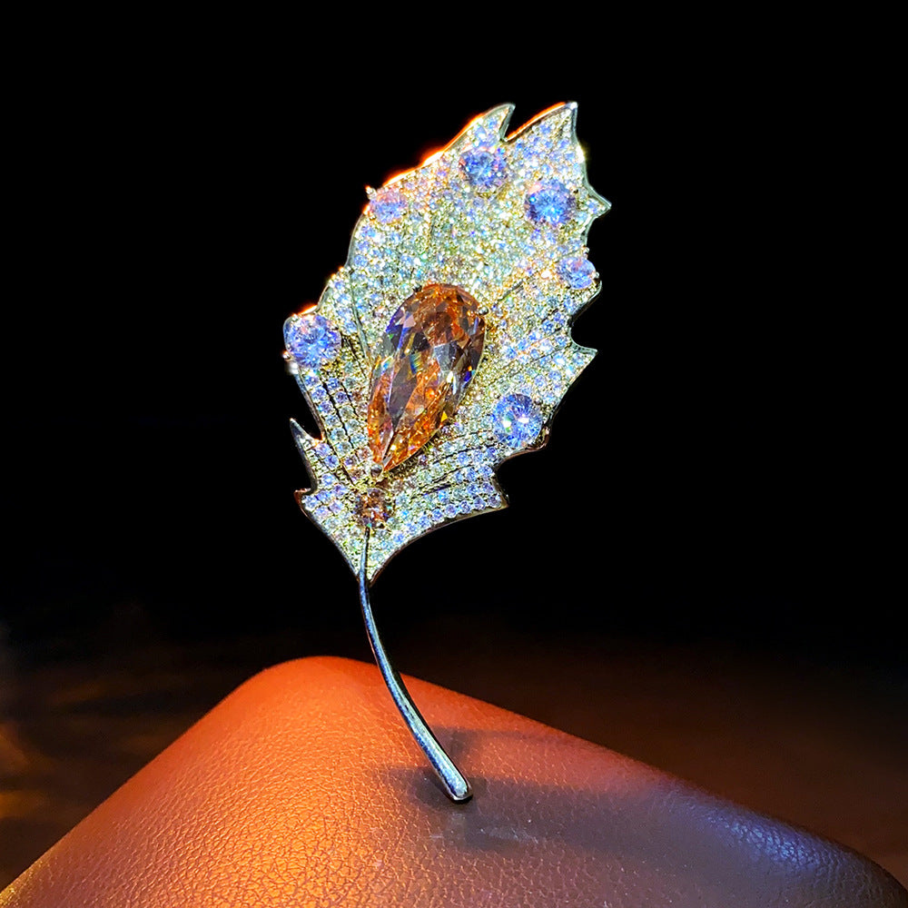 Copper Zircon Luxurious Leaf Brooch