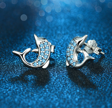 Womens S925 Sterling Silver Cute Dolphin Earrings