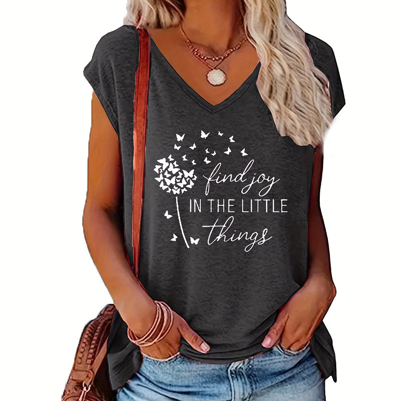 Women's 2-Piece Set V-Neck Short Sleeve T-Shirt With Sunflower & Letter Print, Casual Summer Tee
