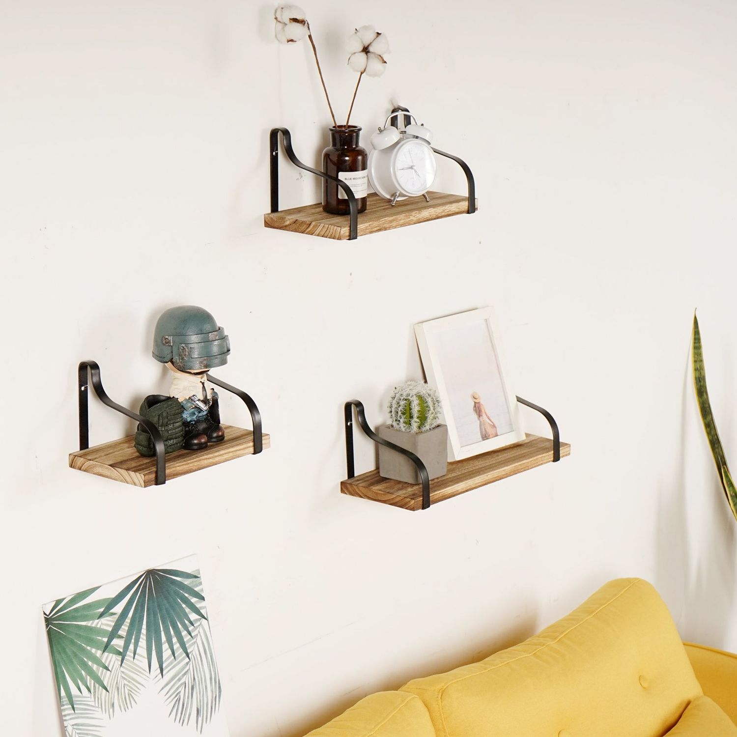 3 Pcs Wood Floating Shelves 3 Size Rustic Brown Wall Shelves Room Hanging Book Shelves Small Farmhouse Decor Wall Mounted Display For Living Room Bedroom Kitchen Bathroom Office