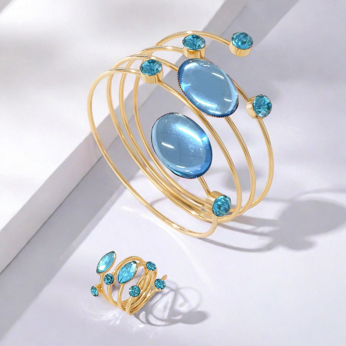 French Gem Rhinestone Round Line Winding Geometric Bracelet & Ring Set Adjustable Opening