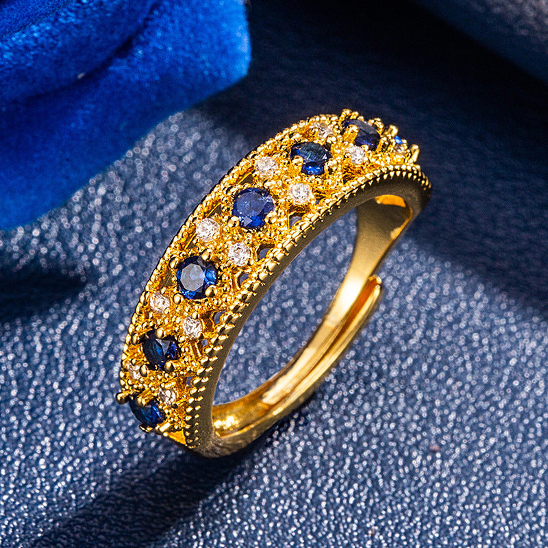 Womens Vintage Hollowed-Out Color-Diamond Open Ring