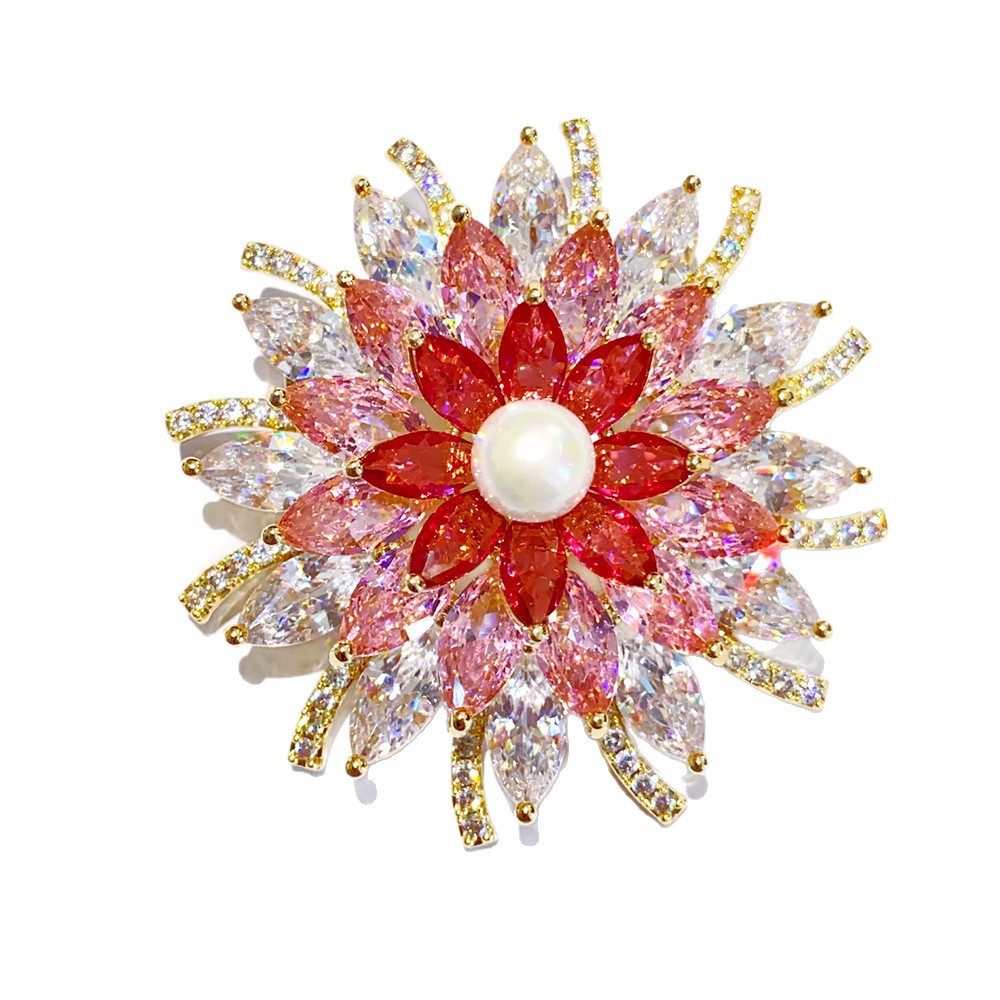 Large-Carat Colored Zircon Pearl Lotus Brooch
