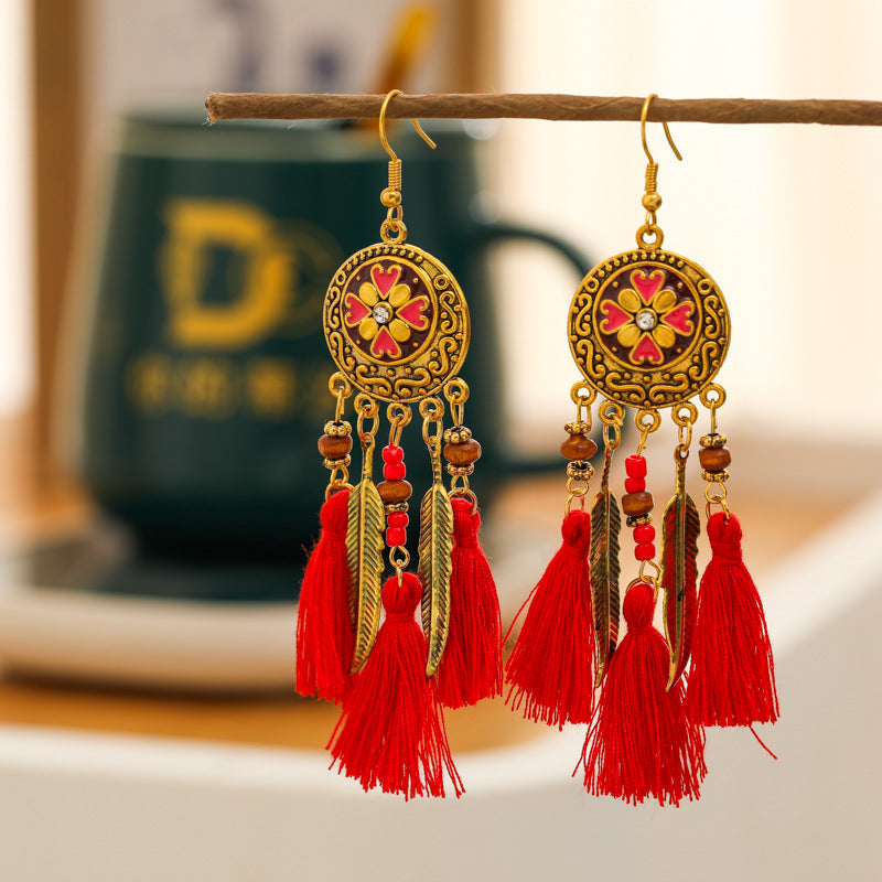 Tassel Round Drip Oil Vintage Earrings