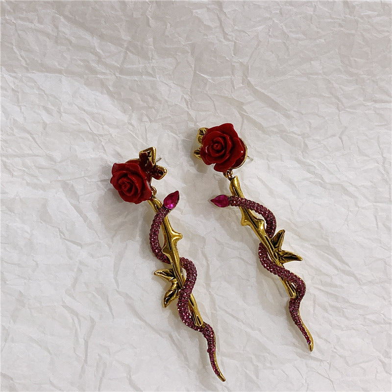 Vintage Big Red Rose Wrap Diamond Snake Body Earrings