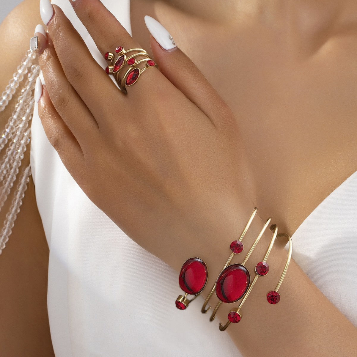 French Gem Rhinestone Round Line Winding Geometric Bracelet & Ring Set Adjustable Opening