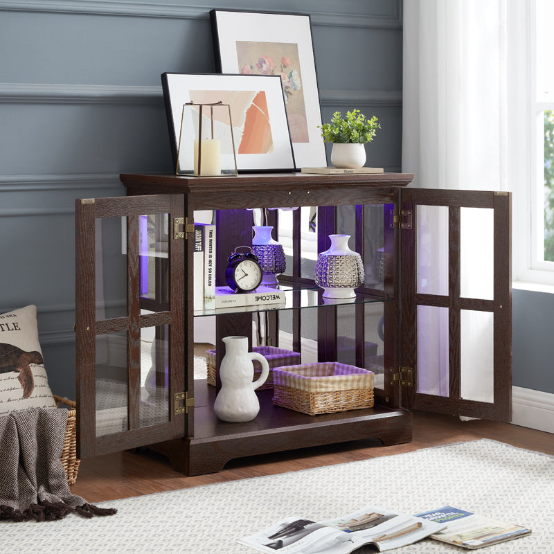 LED Curio Display Cabinet,Antique Display Cabinet With Adjustable Shelves,Retro Design Quality Showcase With Lattice Doors Elegant Bookcase And Storage Cabinet For Home Decor And Organization CHE