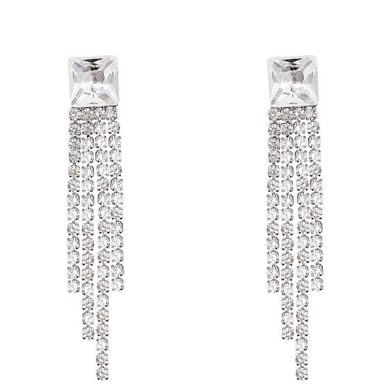 Sterling Silver Needle Sparkling Long Fringed Zircon Earrings