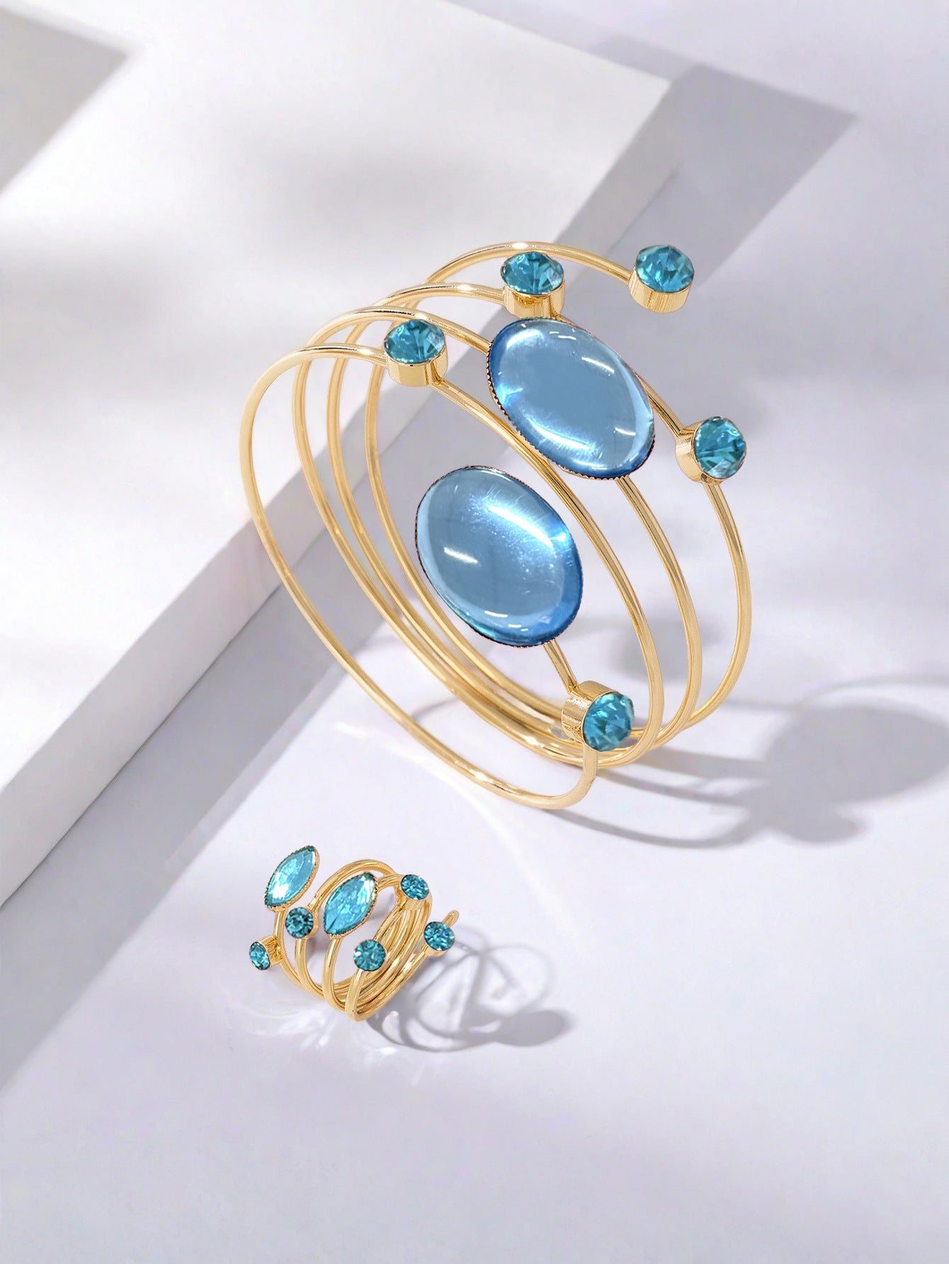 French Gem Rhinestone Round Line Winding Geometric Bracelet & Ring Set Adjustable Opening