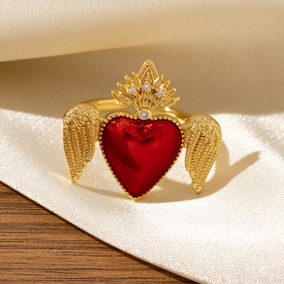 Red Heart-Shaped Oil-Drip Wing Ring