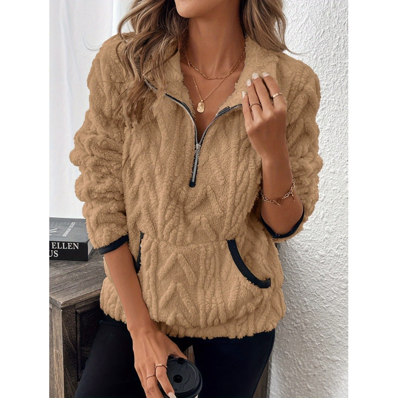 Lapel Classic Style Jacquard Half Zipper Plush Pocket For Women