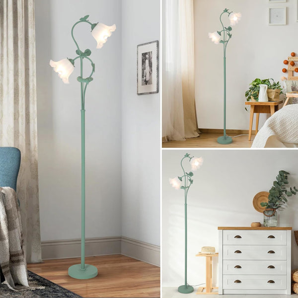 Flower Floor Lamp For Living Room, Vintage Floor Lamp With 2 LED 5W Blubs, Foot Switch, Green Standing Lamp With Acrylic Shade, Unique Floral Tall Lamp For Living Room Bedroom Corner Office