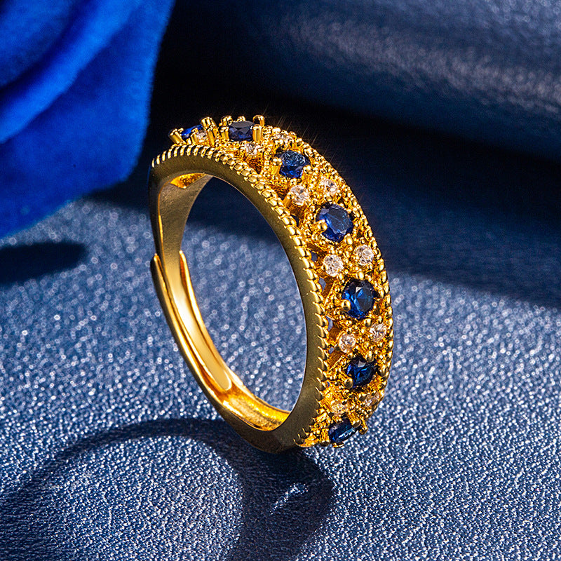 Womens Vintage Hollowed-Out Color-Diamond Open Ring