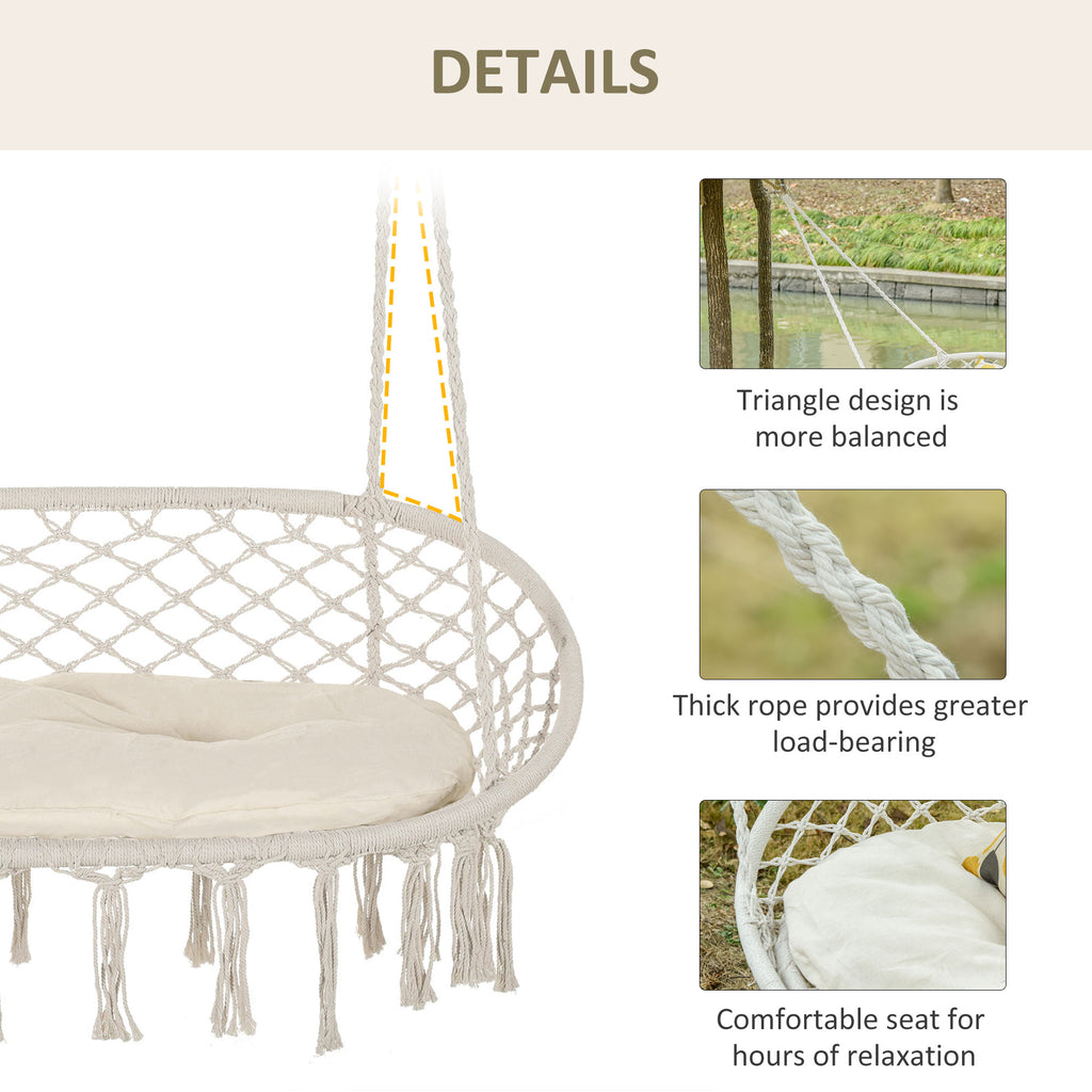 2-Person Hammock Chair Macrame Swing With Soft Cushion, Hanging Cotton Rope Chair For Indoor Outdoor Home Patio Backyard, White