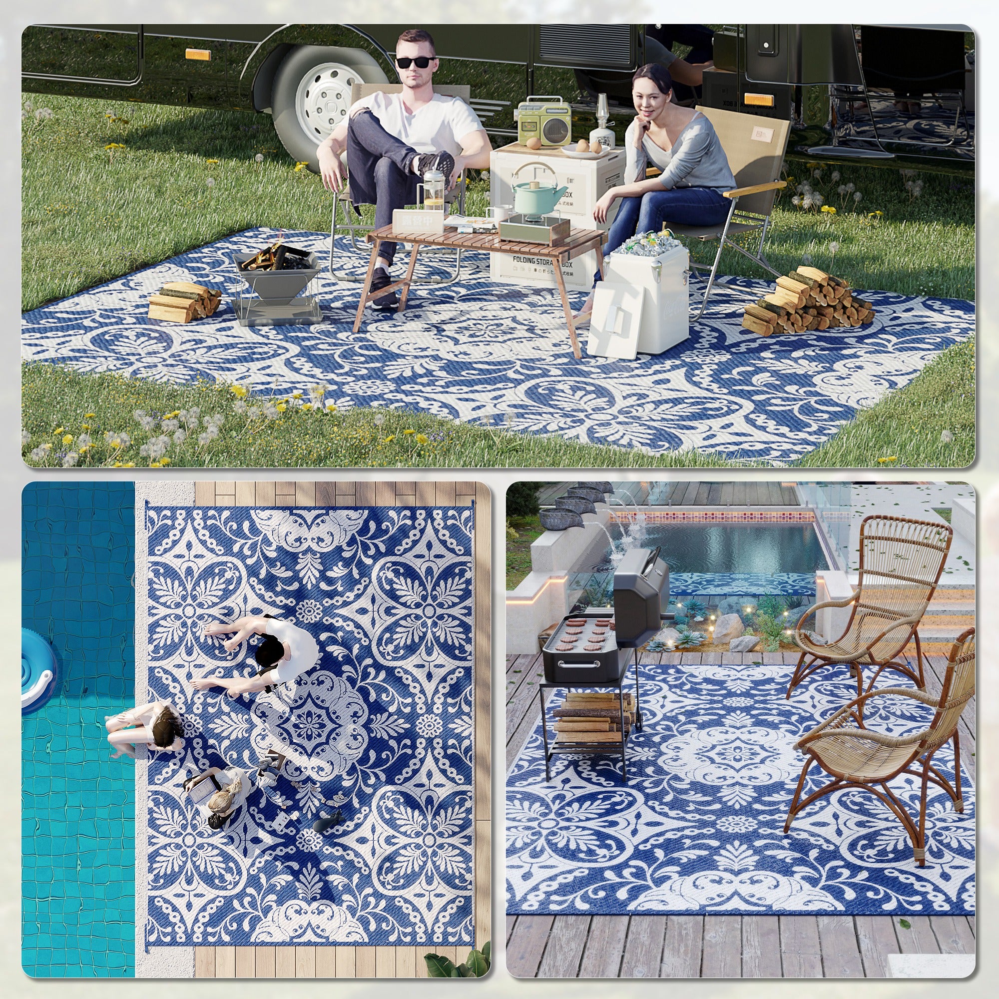 Outdoor Rug for Patio, 9' x 12' Waterproof Large Mat, Reversible Plastic Straw Rug for Decor, Portable Outside RV Camping Area Carpet Mat for Backyard Porch Deck Picnic, Blue & White Floral