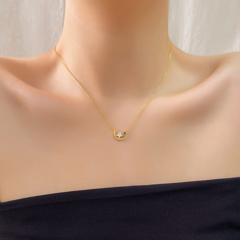 Moon And Stars Gilded Necklace For Women, Made Of S925 Sterling Silver