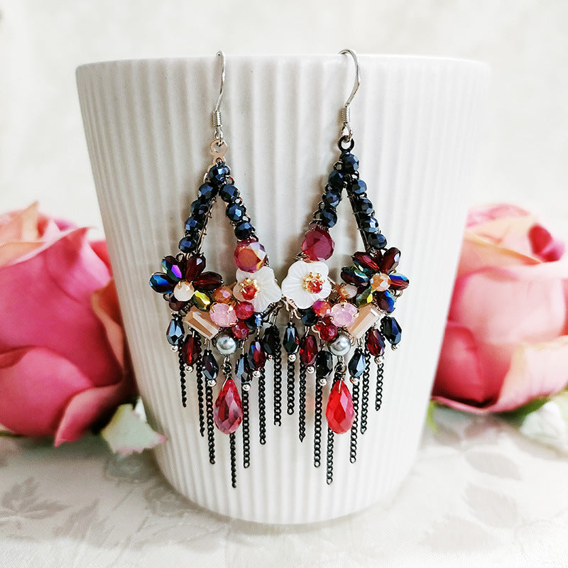 Vintage Tassel Shell Flower Crystal Earrings
