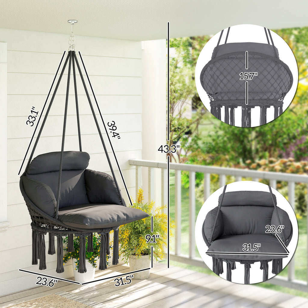 Hammock Swing Chair, Macrame Hanging Chair With Large Cushion, Chain, Steel Frame For Indoor Outdoor Use, Dark Gray