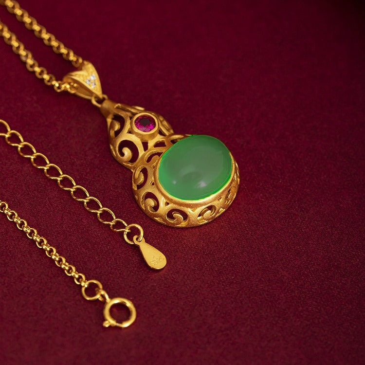 Original Chinese-style Jadeite And Sterling Silver Gourd Pendant With Traditional Gold Plating