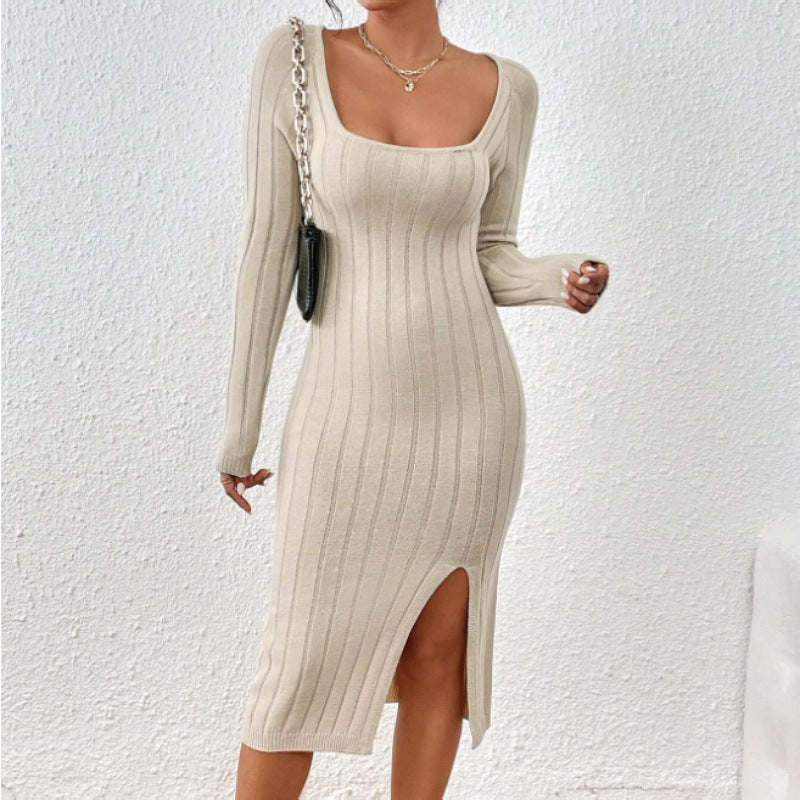 Square Collar Long Sleeve Knitted Dress Women