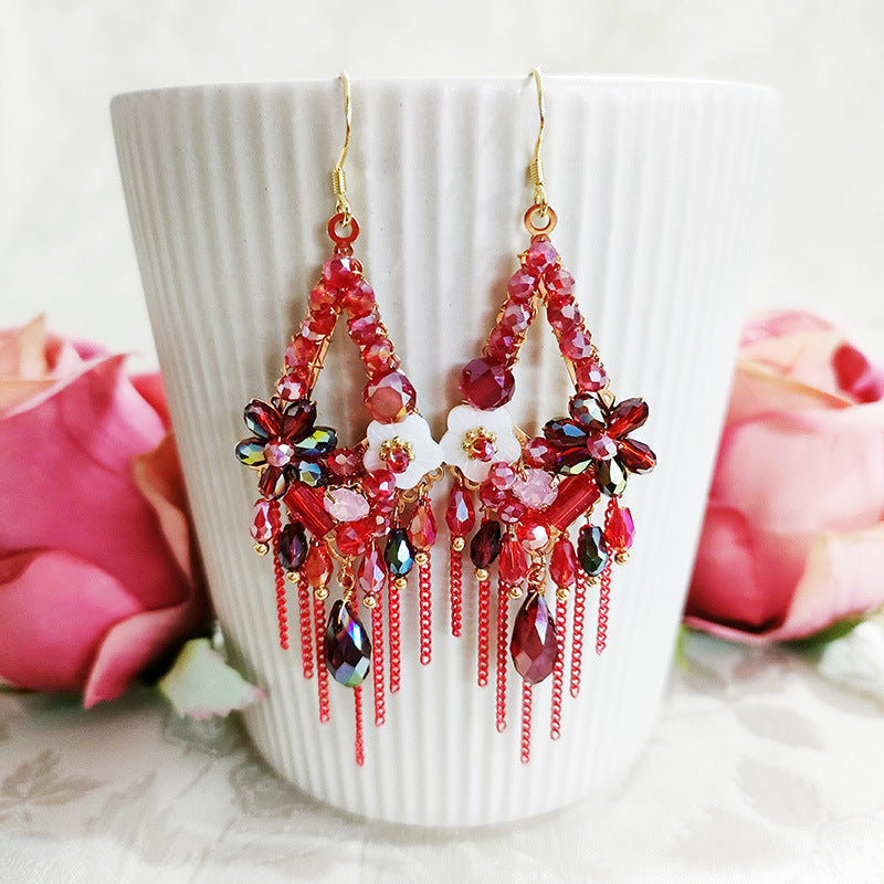 Vintage Tassel Shell Flower Crystal Earrings