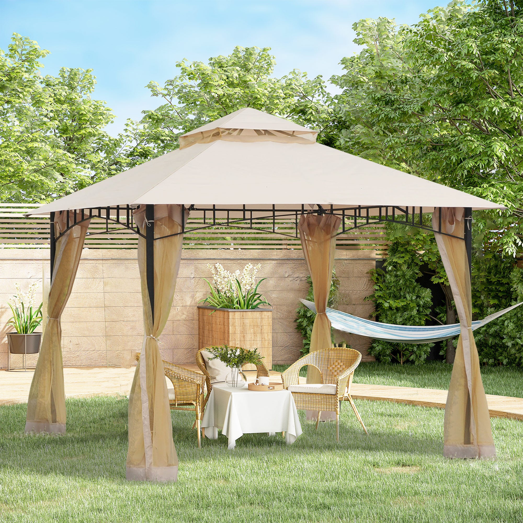 10' x 10' Outdoor Patio Gazebo Patio Canopy Tent with Mesh Sidewalls, 2-Tier Canopy for Backyard, Beige
