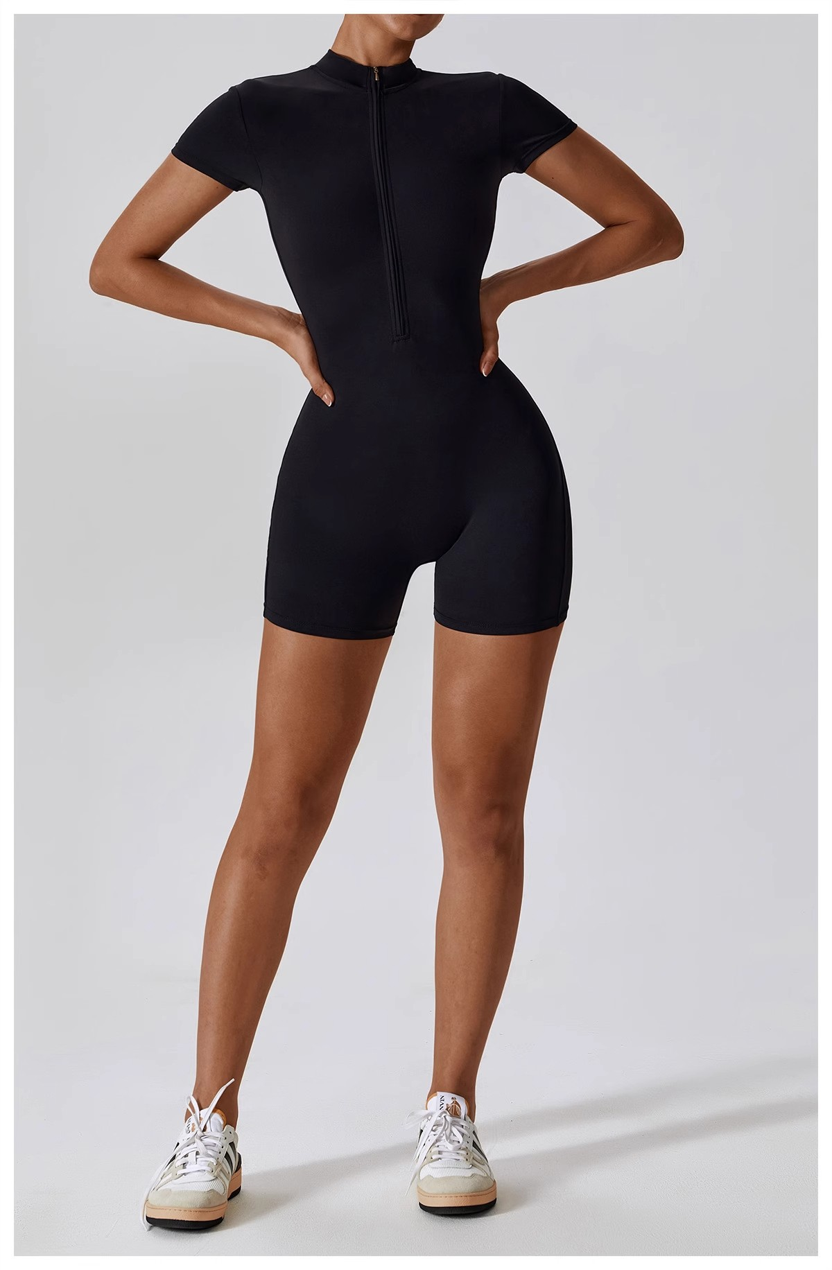Summer Zip-Up Short Sleeve Shorts Yoga Bodysuit For Women - Dance Workout Form-Fitting One-Piece