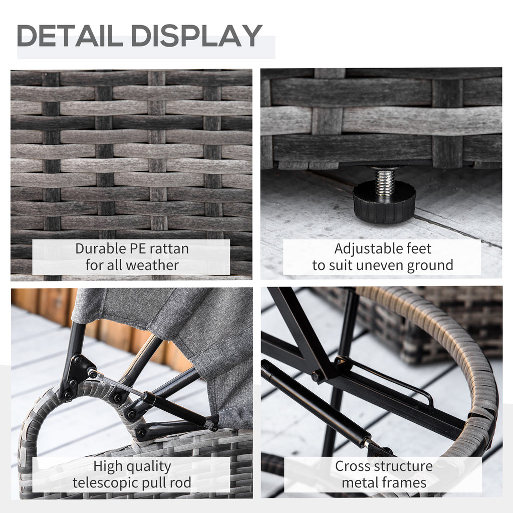 4 Piece Round Rattan Daybed, Convertible Patio Furniture Set, Adjustable Sun Canopy, Sectional Outdoor Sofa, 2 Chairs, Extending Tea Table Ottoman Chair, 3 Pillows, Gray