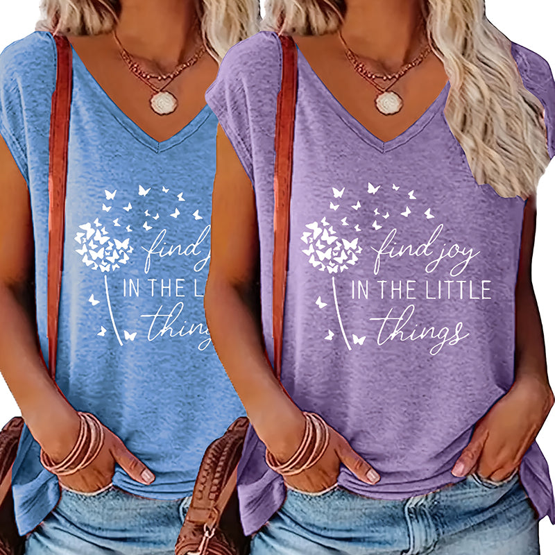Women's 2-Piece Set V-Neck Short Sleeve T-Shirt With Sunflower & Letter Print, Casual Summer Tee